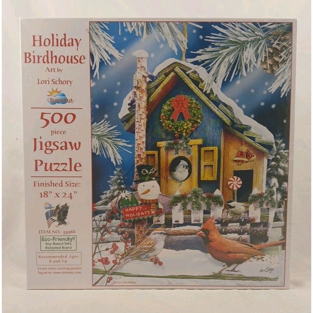 SunsOut 500 PC Jigsaw Puzzle-"HOLIDAY BIRDHOUSE" by Lori Schory-BRAND NEW!